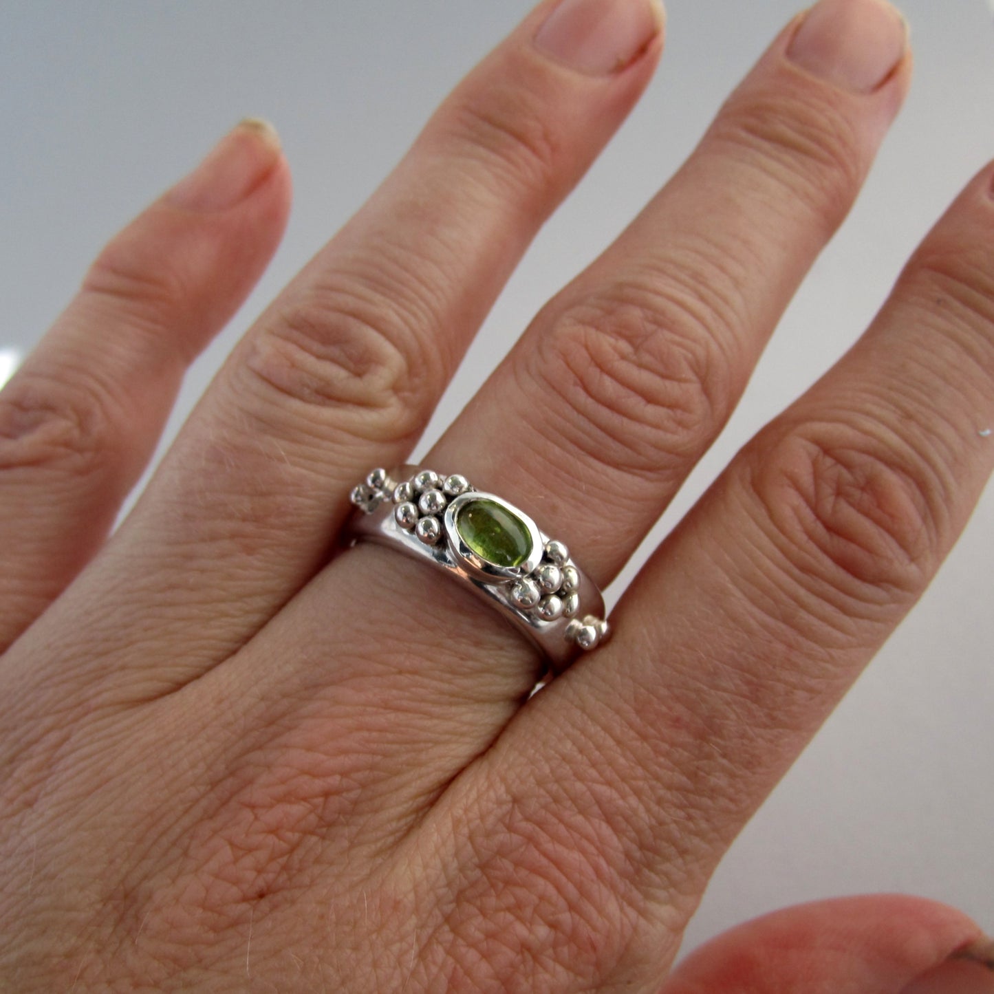 Dewdrop Sterling Silver & Peridot Wide Band Ring