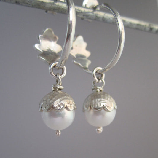 Pearl Acorn Sterling Silver Hoops