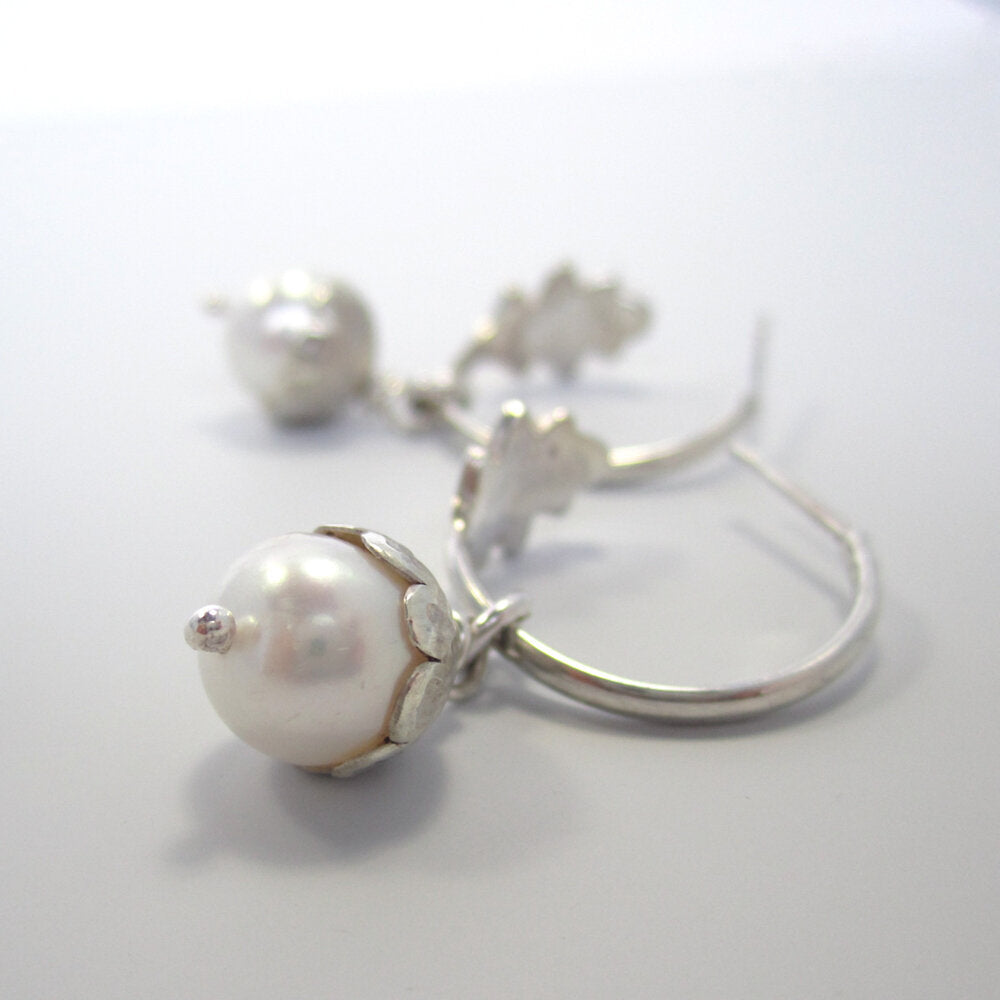 Pearl Acorn Sterling Silver Hoops