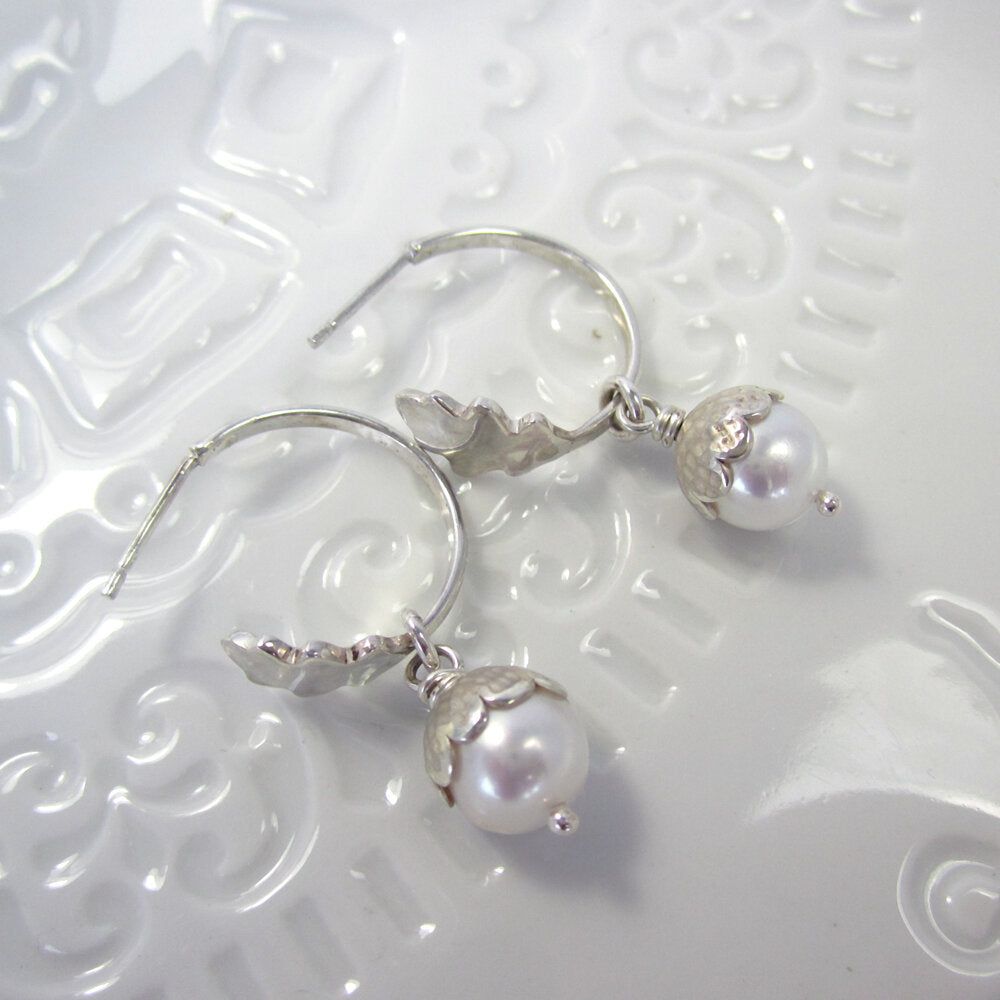 Pearl Acorn Sterling Silver Hoops