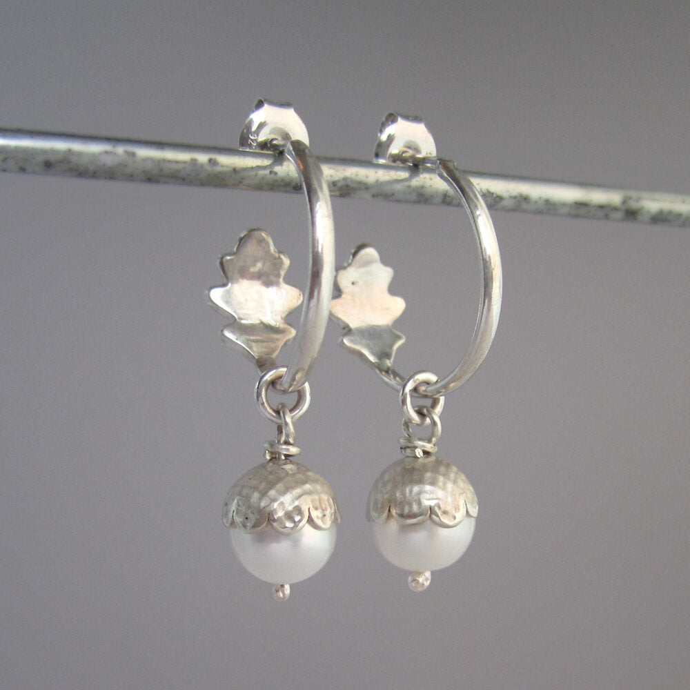 Pearl Acorn Sterling Silver Hoops