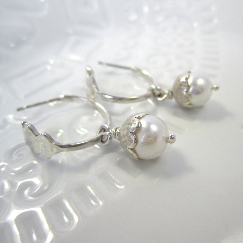 Pearl Acorn Sterling Silver Hoops