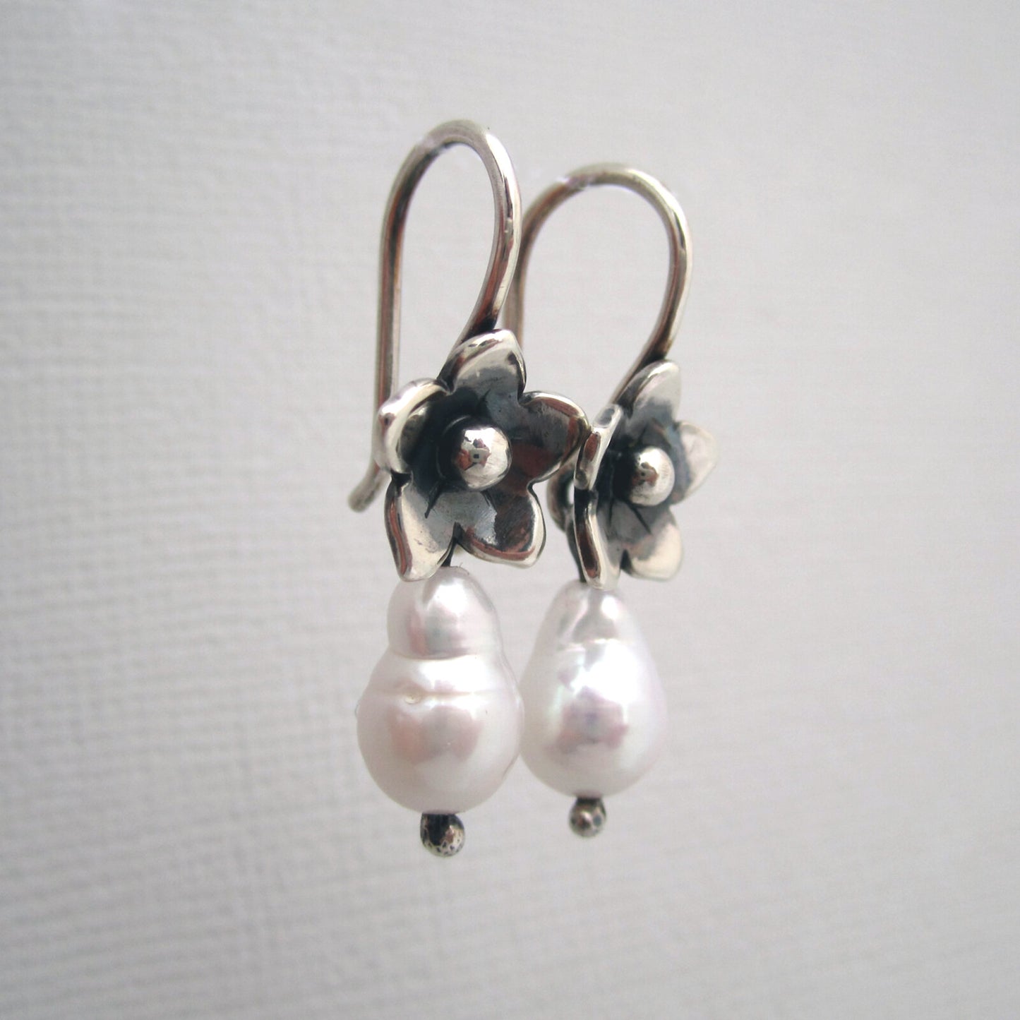 Forget Me Not Oxidised Sterling Silver & Freshwater Pearl Drop Earrings