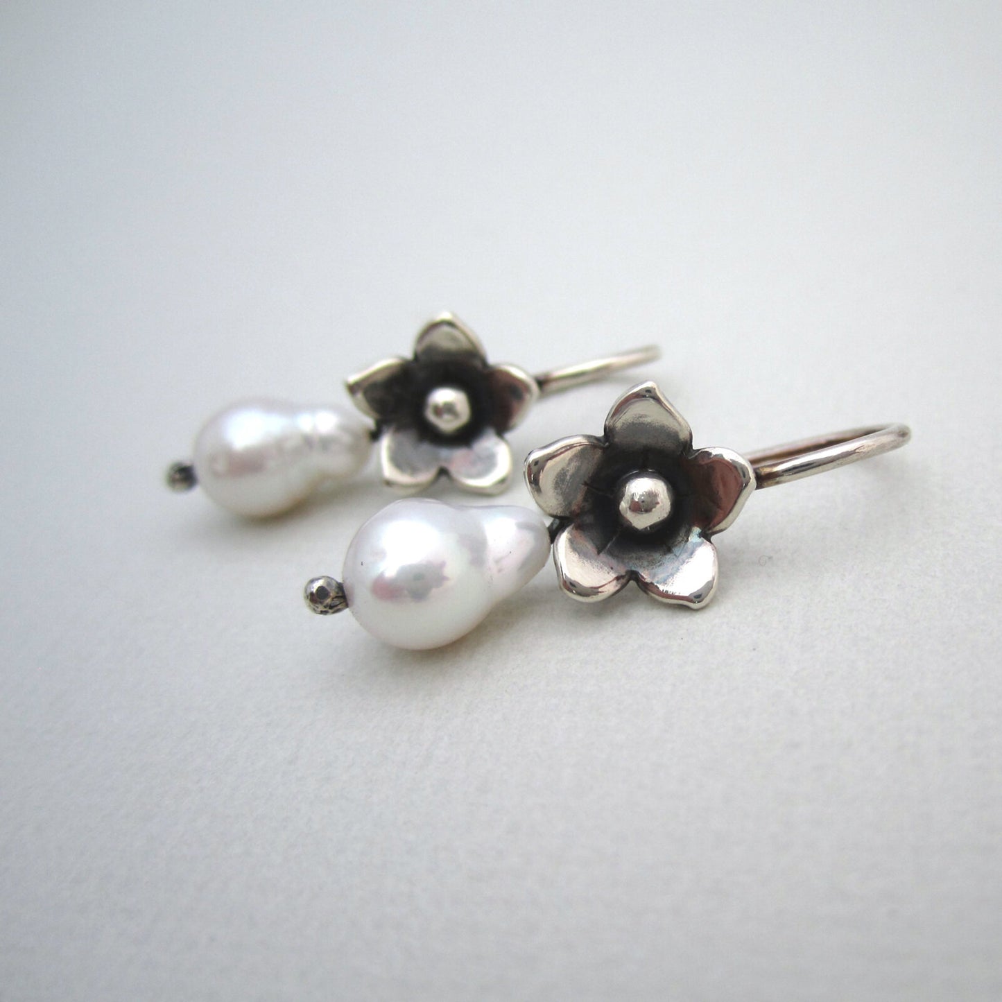 Forget Me Not Oxidised Sterling Silver & Freshwater Pearl Drop Earrings