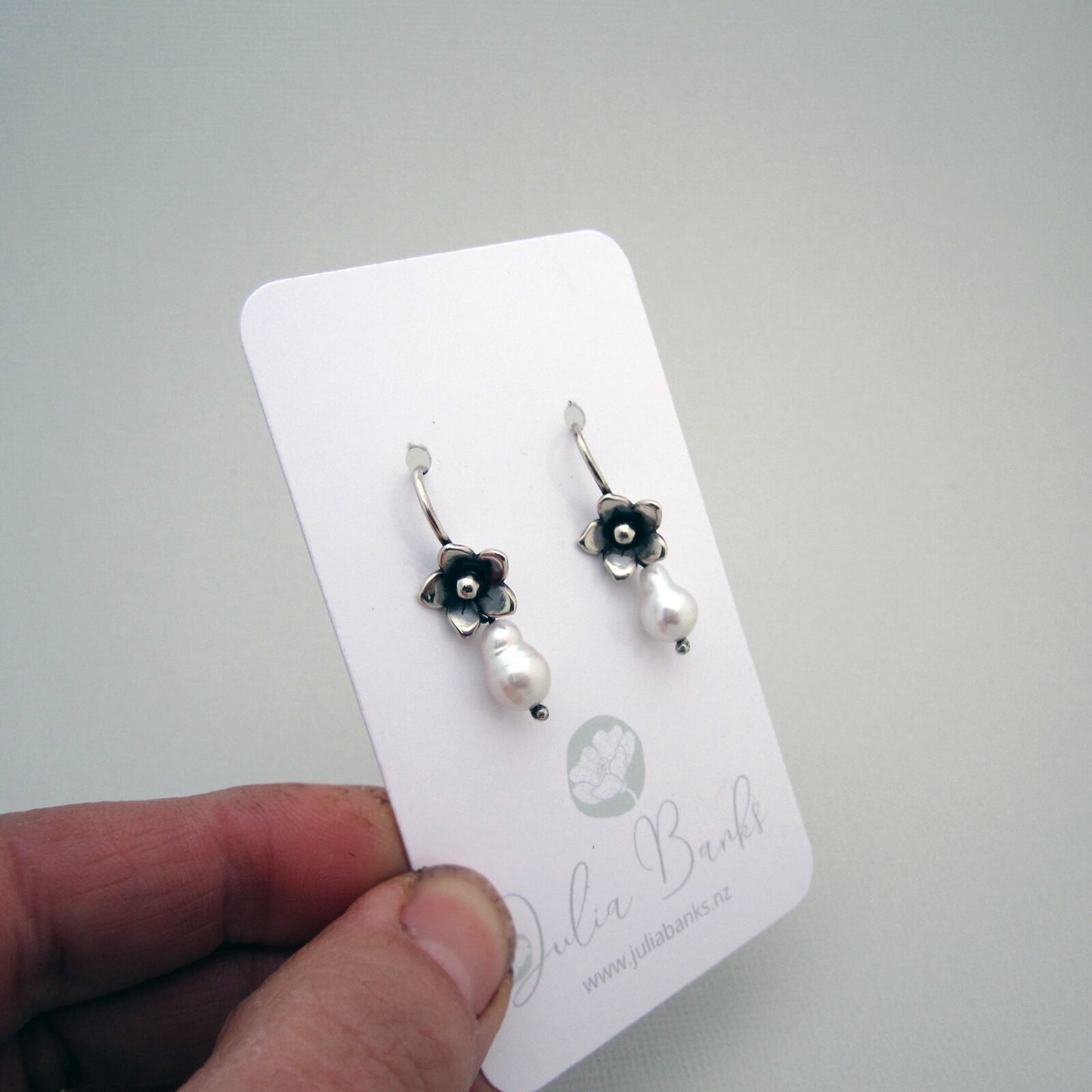 Forget Me Not Oxidised Sterling Silver & Freshwater Pearl Drop Earrings