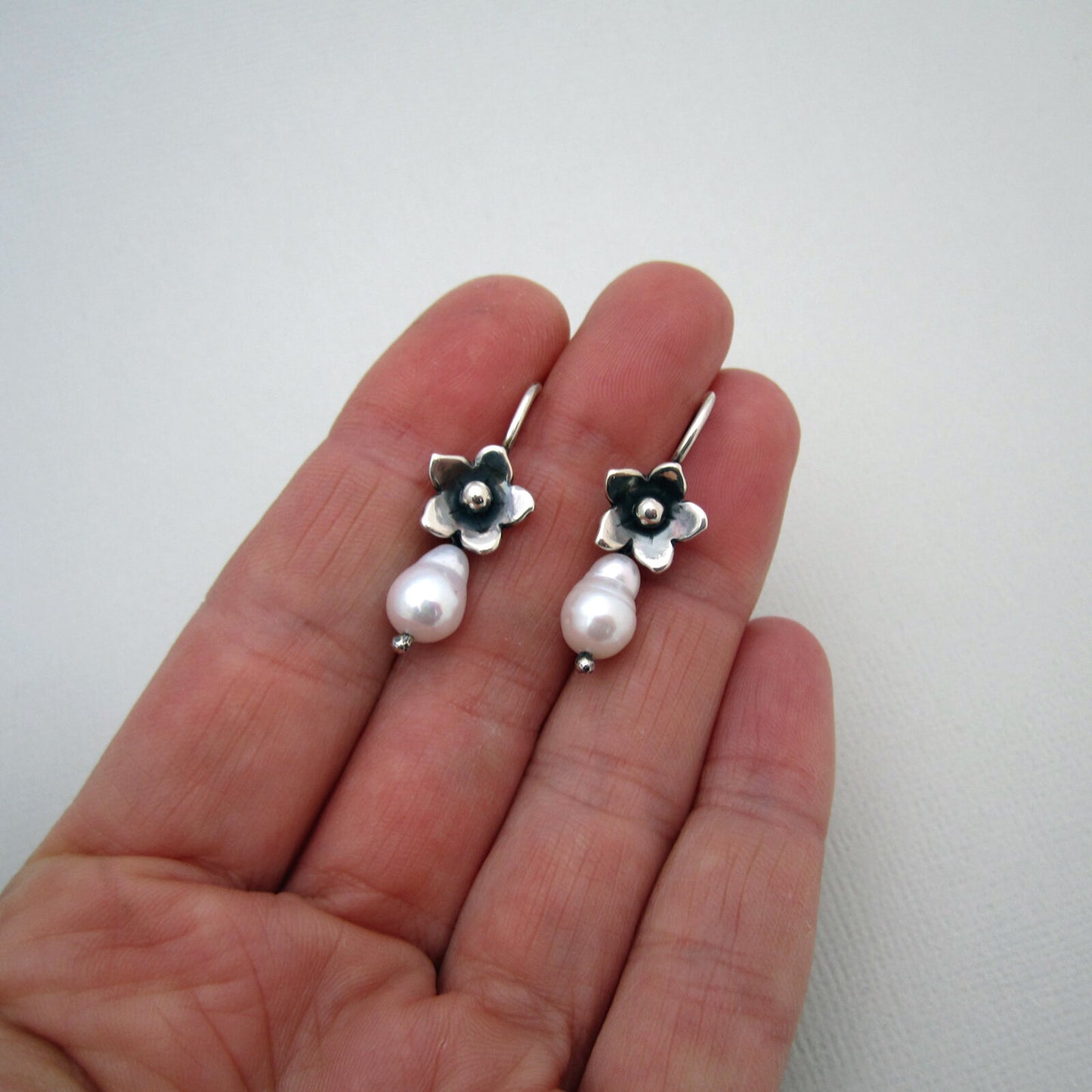 Forget Me Not Oxidised Sterling Silver & Freshwater Pearl Drop Earrings