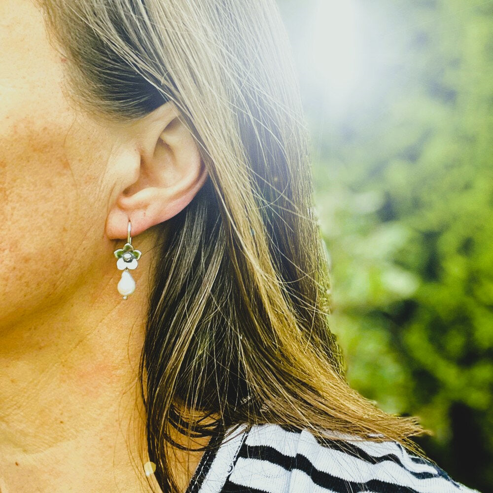 Forget Me Not Oxidised Sterling Silver & Freshwater Pearl Drop Earrings