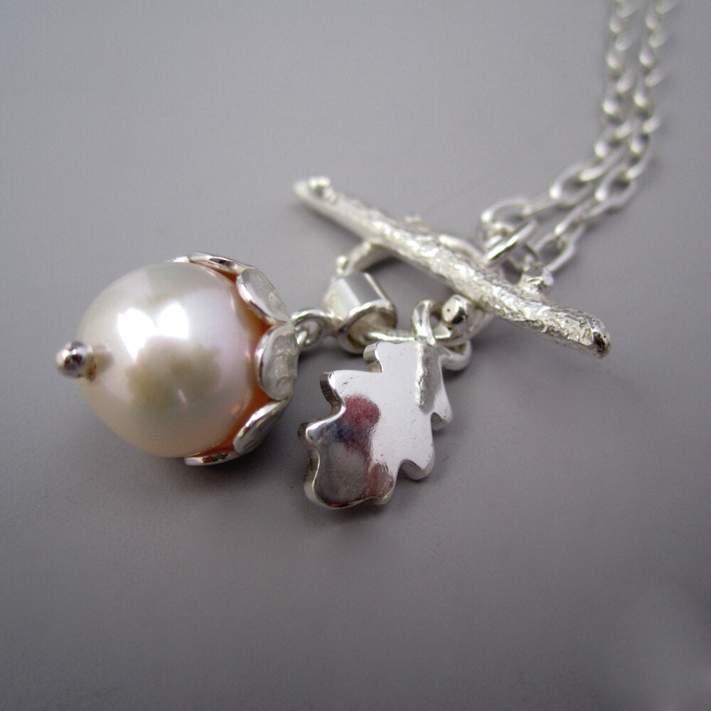 Pearl Acorn Sterling Silver Toggle Style Necklace